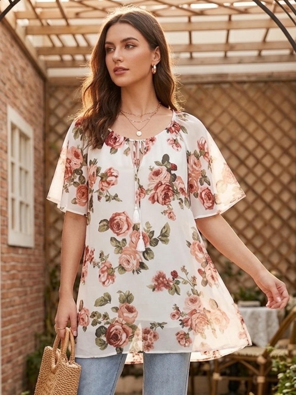 Show Me Your Mumu Floral Chiffon Blouse Ivory Pink Rose Boho Top Medium